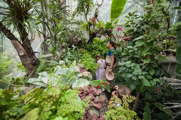 Mãe Crianças Olhando Plantas Estufa Jardim Botânico — Fotografia de Stock