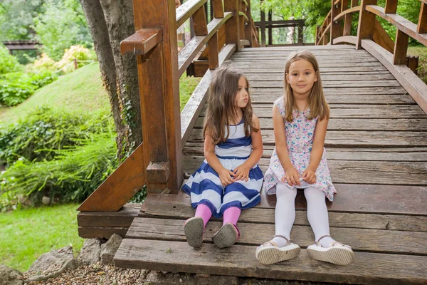 Porträtt Bedårande Små Flickor Park Sitter Träbro Vårdag Naturen — Stockfoto