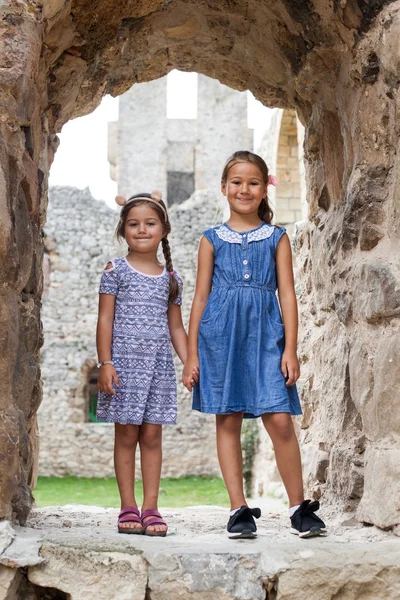 Portrait Two Little Girl Medieval Fortification Historic Location Serbia — Stock Photo, Image