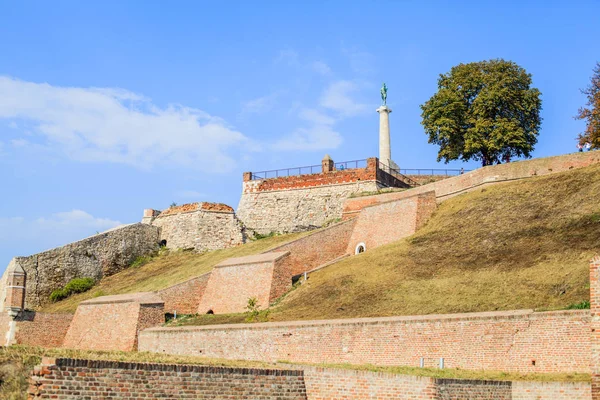 Pohled Slavné Pevnosti Kalemegdan Památník Viktora Proti Modré Obloze Historické — Stock fotografie