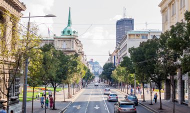 BELGRADE, SERBIA - SEPTEMBER 09, 2018 : Belgrade city street view of traffic and buildings . clipart
