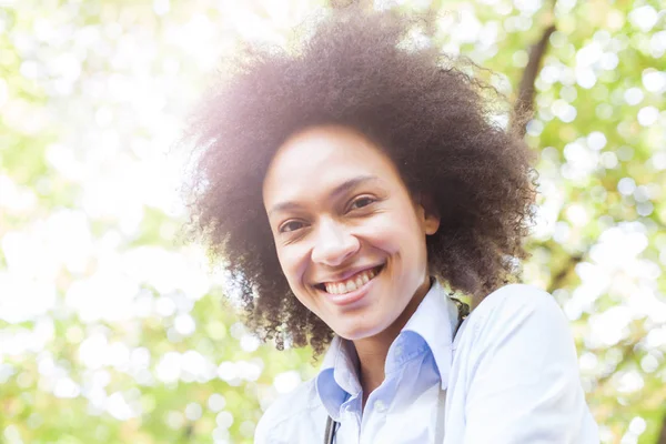 Closeup Portrait Lovely Young African American Woman Smiling Nature Positive — Stock Photo, Image