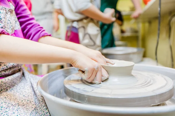 Pottery Workshop Children Child Hands Shaping Clay Wheel — Stock Photo, Image