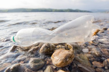 Nehir kıyısında plastik şişe atıkları , su kirliliği kavramı 