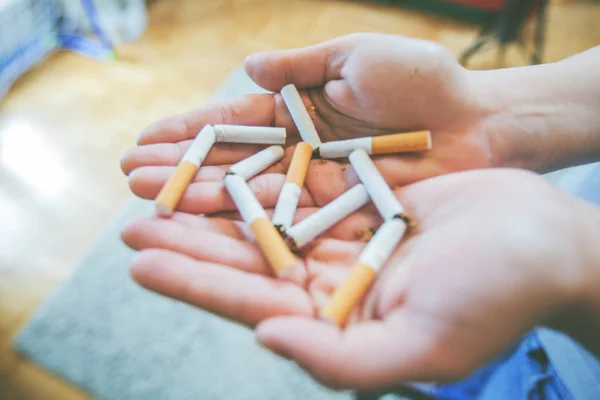 Pare de fumar conceito. Mãos femininas segurando Bunch cigarros quebrados. Pessoa irreconhecível. Pára com o mau hábito. Cuidados saudáveis. No interior. Fecha-te. Proibido fumar — Fotografia de Stock