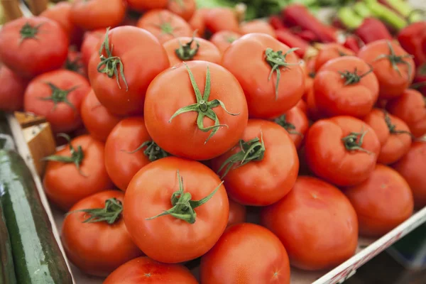 Tomates rojos maduros frescos en el mercado de los agricultores — Foto de Stock