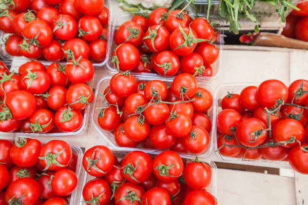 Tomates cereja maduros vermelhos na cesta — Fotografia de Stock
