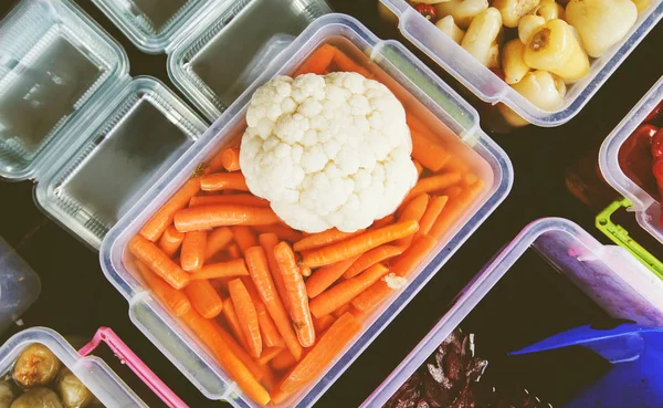 Homemade Pickled Carrots And Cauliflower At Local Food Farmers Market