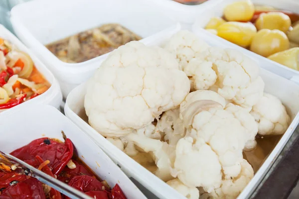Homemade Pickled Cauliflower At Local Food Farmers Market Stall — Stock Image Homemade Pickled Cauliflower At Local Food Farmers Market Stall Royalty Free Stock Images