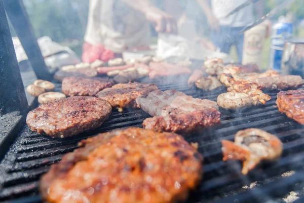 Burger grillé et viande de poulet sur barbecue au pique-nique — Photo