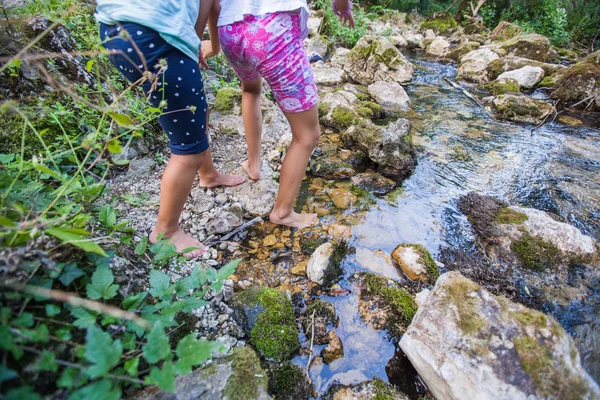自然の中で森の小川で子供の冒険 — ストック写真