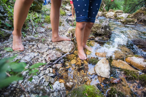 Crianças aventura no riacho da floresta na natureza — Fotografia de Stock
