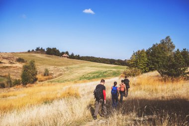 Sırt çantasıyla doğa yürüyüşü yapan tanınmayan insanların arka görüntüsü.