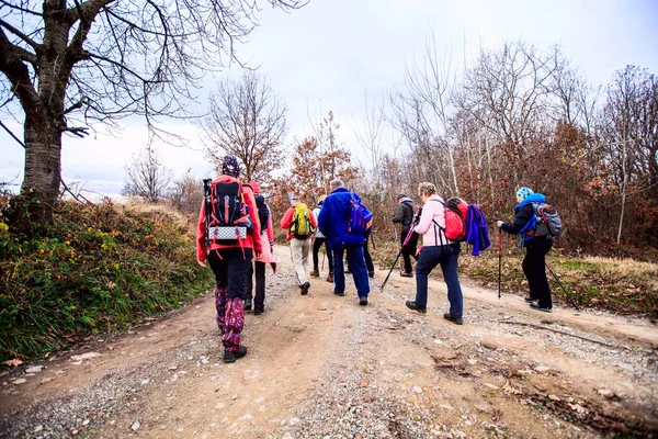 Senderismo Viajes Vida Saludable Grupo Personas Activas Caminando Por Paisaje — Foto de Stock