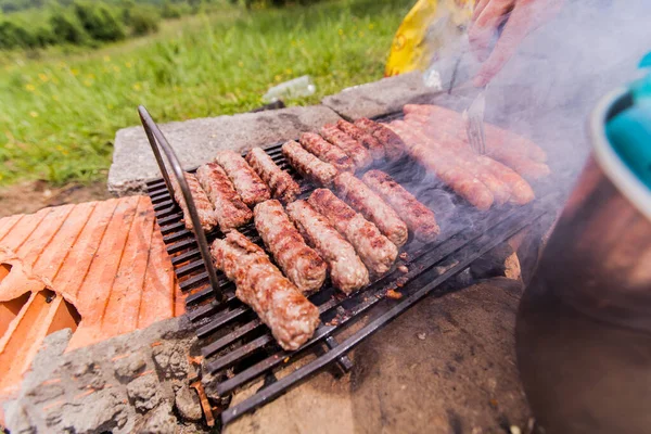 Carne Parrilla Barbacoa Barbacoa Comida Para Acampar Actividad Aire Libre —  Fotos de Stock