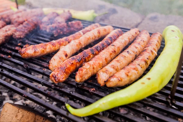 Carne Parrilla Pimiento Picante Barbacoa Barbacoa Comida Para Acampar Actividad — Foto de Stock