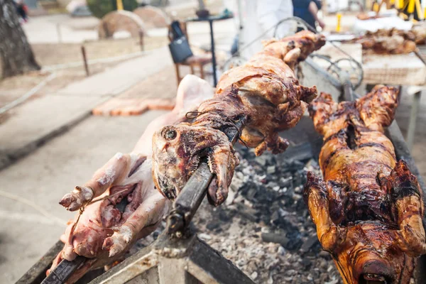 Gegrilltes Knuspriges Lamm Spieß Über Heißer Holzkohle Beim Essensfest — Stockfoto