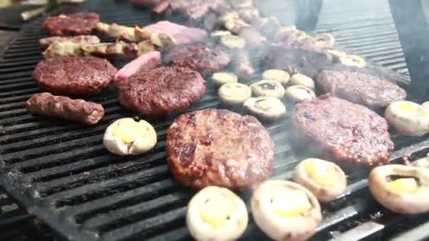 Grillet Kød Grill Picnic Udendørs Tilberedning Mad Sommerdag – Stock-video