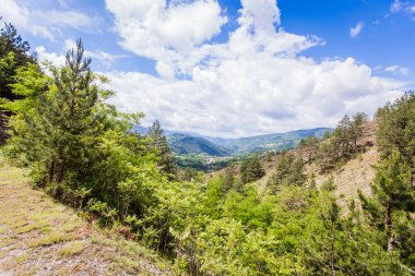 Güzel doğa manzarası, Sırbistan 'da panoramik manzara, yaz günü, temiz hava, inanılmaz manzara, bulutlu mavi gökyüzü, yeşil vadi.