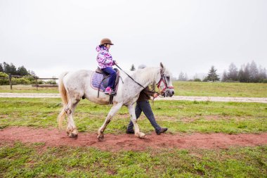 At biniciliği dersi. Çiftlikte, kır manzarasında, gün ışığında ata binen küçük bir kız.