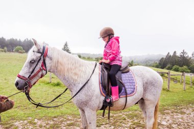 At biniciliği dersi. Çiftlikte, kır manzarasında, gün ışığında ata binen küçük bir kız.