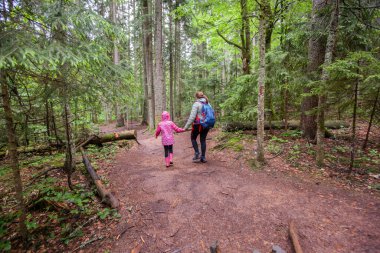 Anne ve kızı ormanda yürüyor. 
