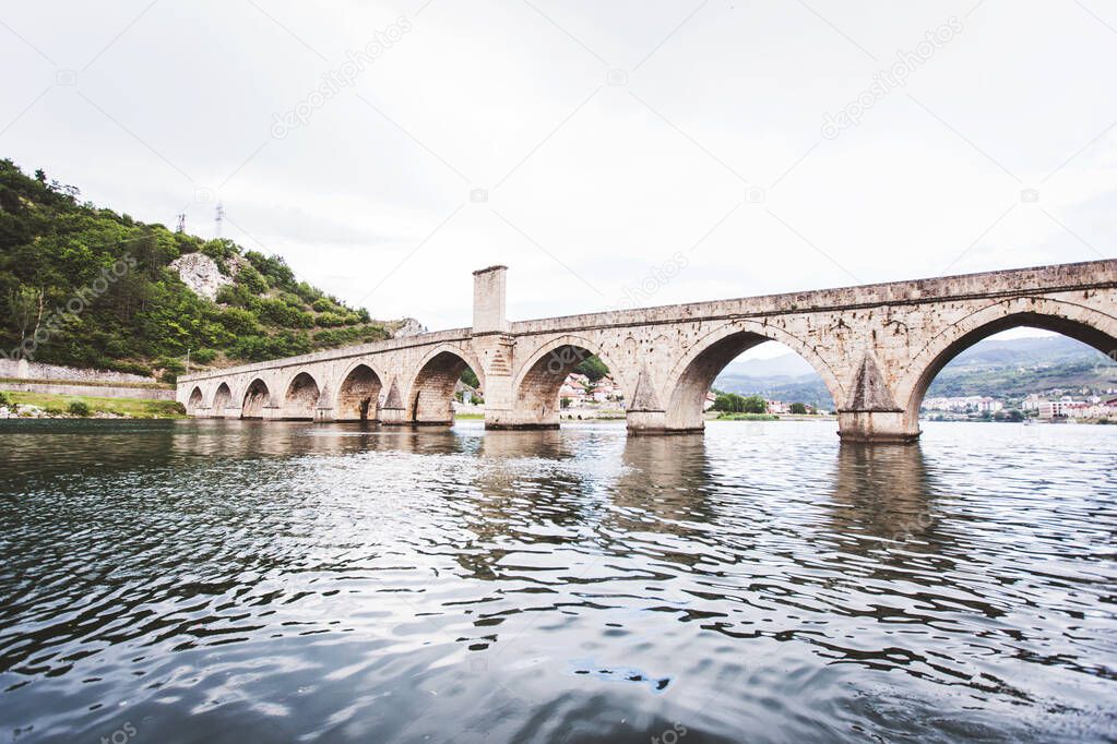 Historic bridge over the Drina River, Tourist Attraction, The Mehmed Pasa Sokolovic Bridge in Visegrad, Bosnia and Herzegovina.