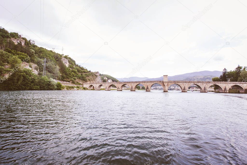Historic bridge over the Drina River, Tourist Attraction, The Mehmed Pasa Sokolovic Bridge in Visegrad, Bosnia and Herzegovina.