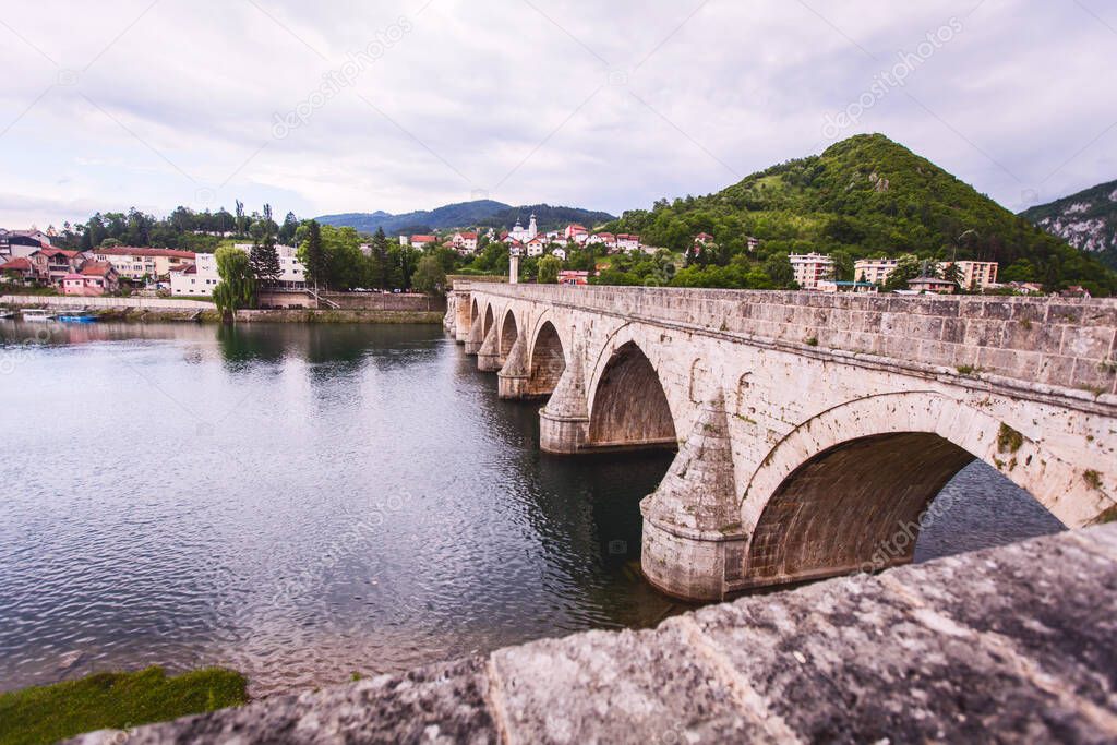 Historic bridge over the Drina River, Famous Tourist Attraction, The Mehmed Pasa Sokolovic Bridge in Visegrad, Bosnia and Herzegovina.