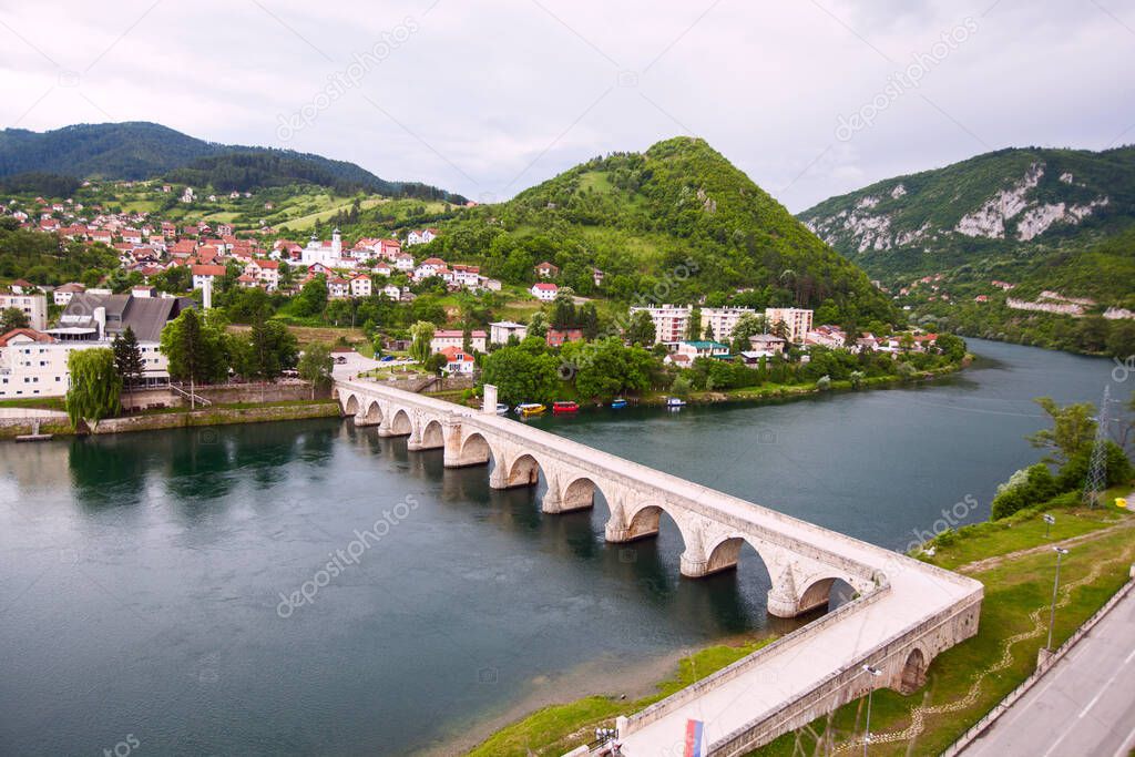 Historic bridge over the Drina River, Panoramic view of Famous Tourist Attraction, Visegrad, Bosnia and Herzegovina.