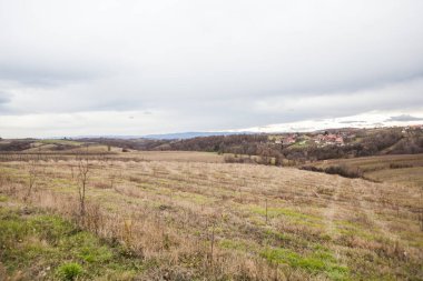 Kırsal doğa, kırsal bölgenin panoramik manzarası. Sırbistan ve Avrupa 'nın batısında sonbahar günü. 
