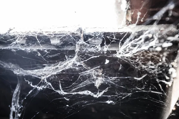 古老废弃的乡村阁楼上的恐怖场景 橱窗上的蜘蛛网 — 图库照片