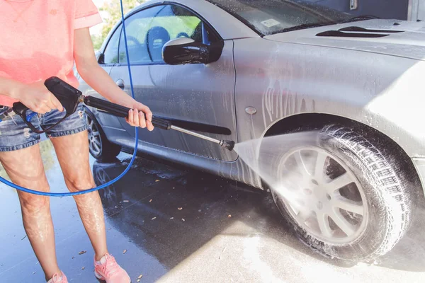 Washing Car Pressure Washer Self Service Car Wash Station — Stock Photo, Image