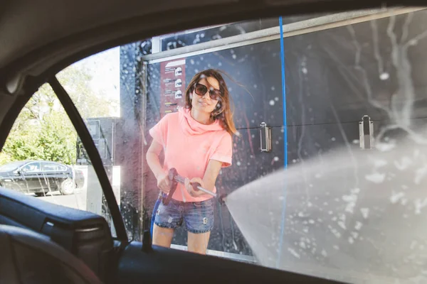 Woman Washing Car Pressure Washer Self Service Car Wash Station — Stock Photo, Image
