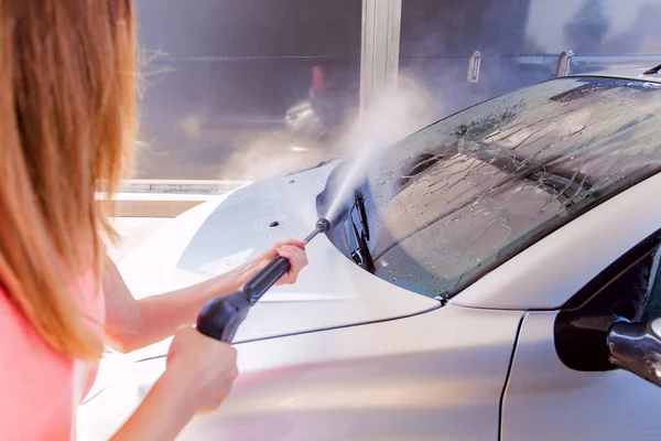 Woman Washing Car Pressure Washer Self Service Car Wash Station — Stock Photo, Image