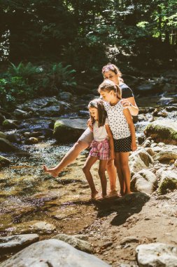 Happy Family Summer Nature Adventure Walking By The Creek, Hiking, People, Mountain Stream In The Forest