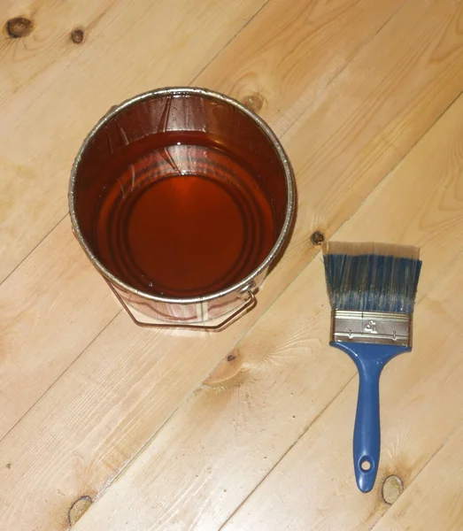 Varnish Brush Tin Can Wooden Floor — Stock Photo, Image