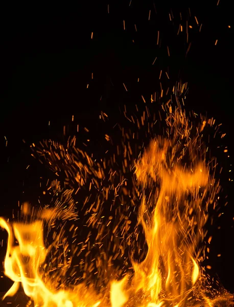 Tűz Lángok Szikrák Fekete Háttér — Stock Fotó