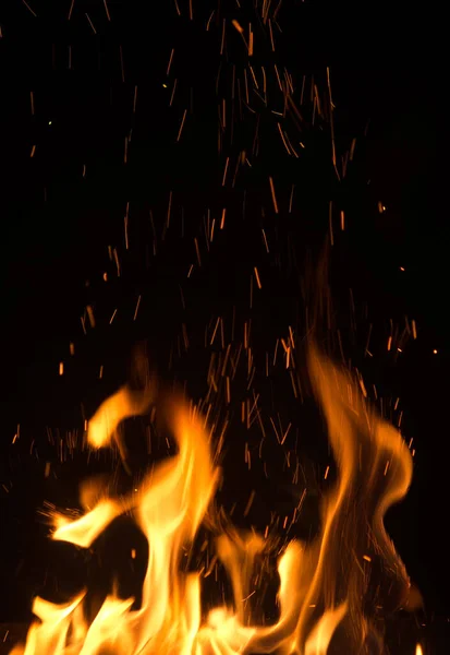 Flammes Feu Avec Étincelles Sur Fond Noir — Photo