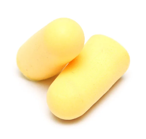 Dvě Žluté Špunty Uší Izolované Bílém Pozadí — Stock fotografie