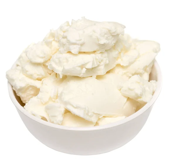 Queso Crema Mascarpone Tazón Vidrio Sobre Fondo Blanco — Foto de Stock