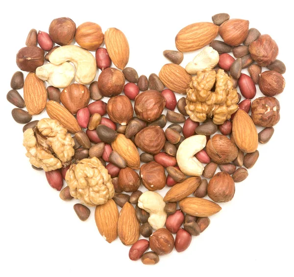 Mixed Nuts Shape Heart White Background — Stock Photo, Image