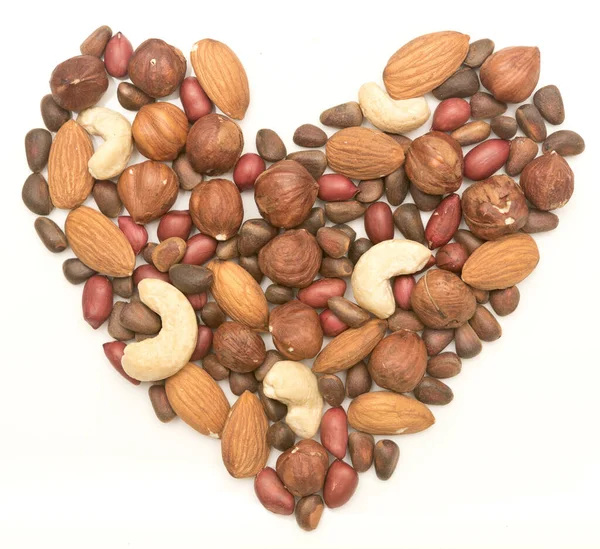 Mixed Nuts Shape Heart White Background — Stock Photo, Image