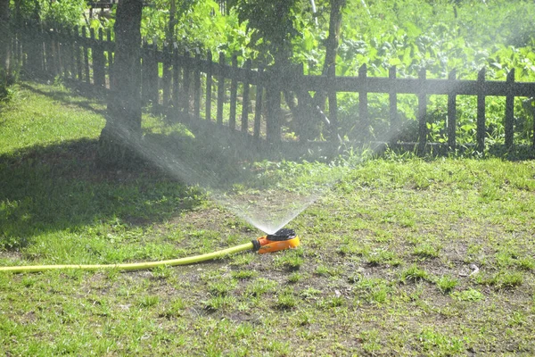 水スプリンクラーは草に水を吹きかけ — ストック写真