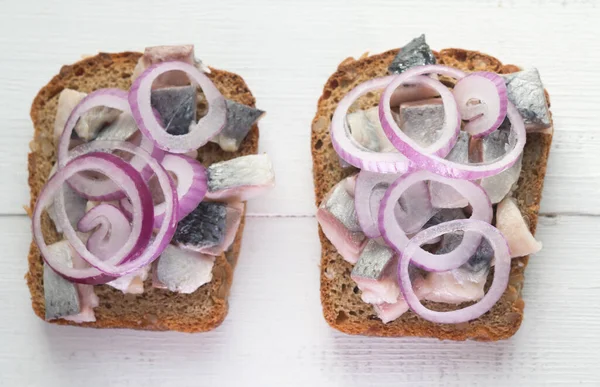 Two Open Sandwiches Herring Red Onion — Stock Photo, Image