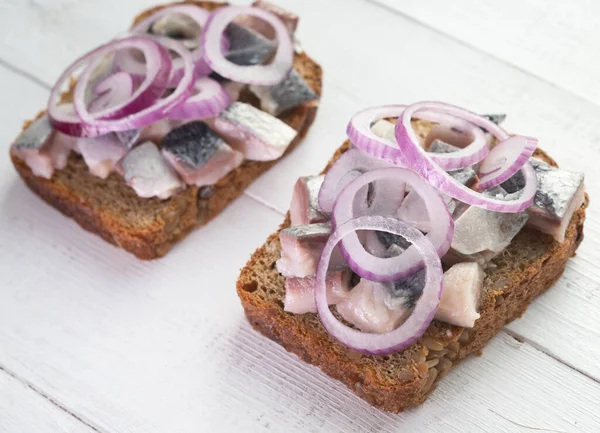 Two Open Sandwiches Herring Red Onion — Stock Photo, Image