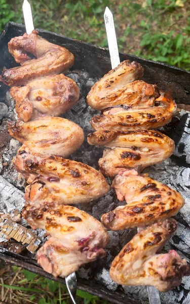 Gegrillte Hühnerflügel Spieße Fertig Zum Essen — Stockfoto