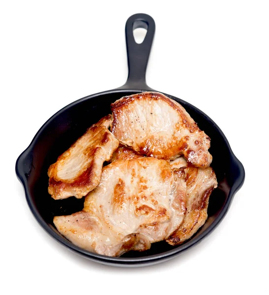 Fried Pork Meat Pan Isolated White Background — Stock Photo, Image