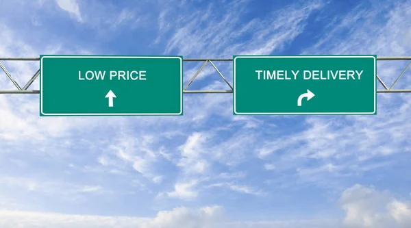 Road signs to low price and timely delivery — Stock Photo, Image