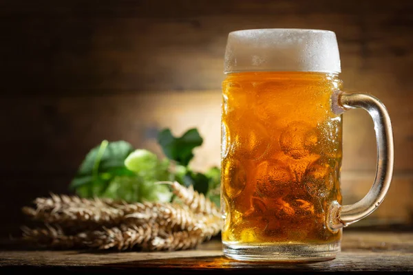 Mug of beer with green hops and wheat ears on wooden table